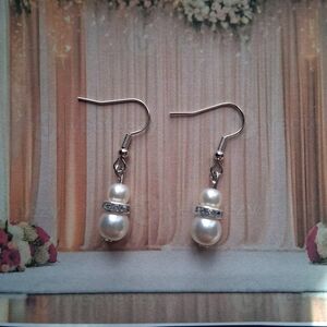 Classic Pearl Drop Earrings with Rhinestone Accent - White